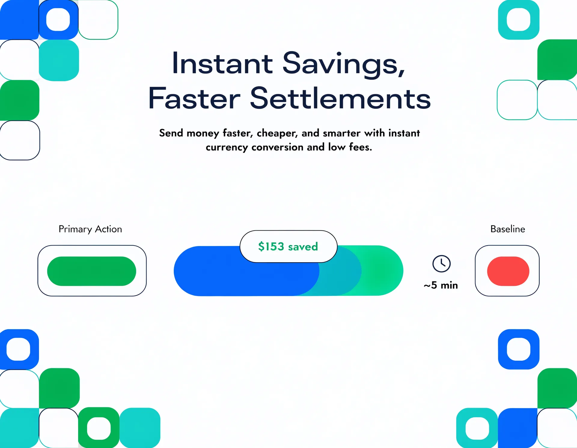A savings comparison panel showing $153 saved and a five-minute settlement clock